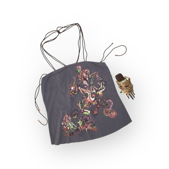 new La Rok Luxe ༄ Braided Lurex Straps Graffiti Print Silk Cami Top ༄ Gunmetal - Picture 12 of 16